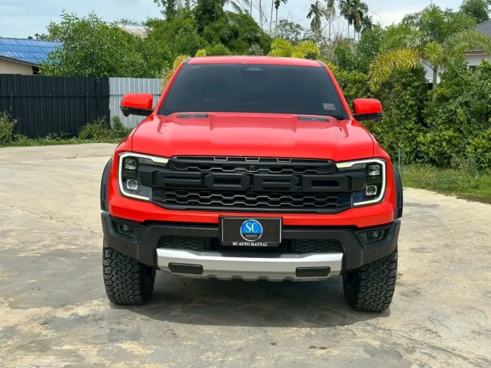 Front view of Ford Ranger Raptor 2.0 Bi-Turbo year 2023 red color used car in Hatyai รูปที่ 2
