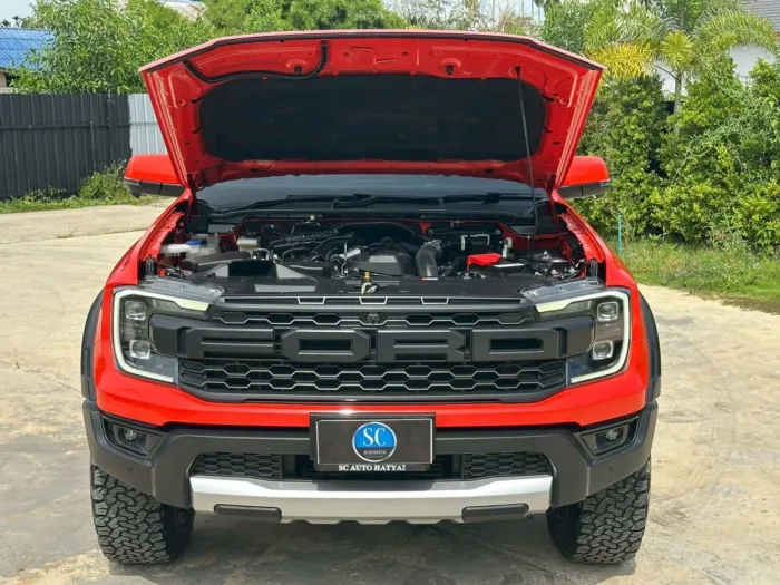 Front view of Ford Ranger Raptor 2.0 Bi-Turbo year 2023 red color used car in Hatyai รูปที่ 4